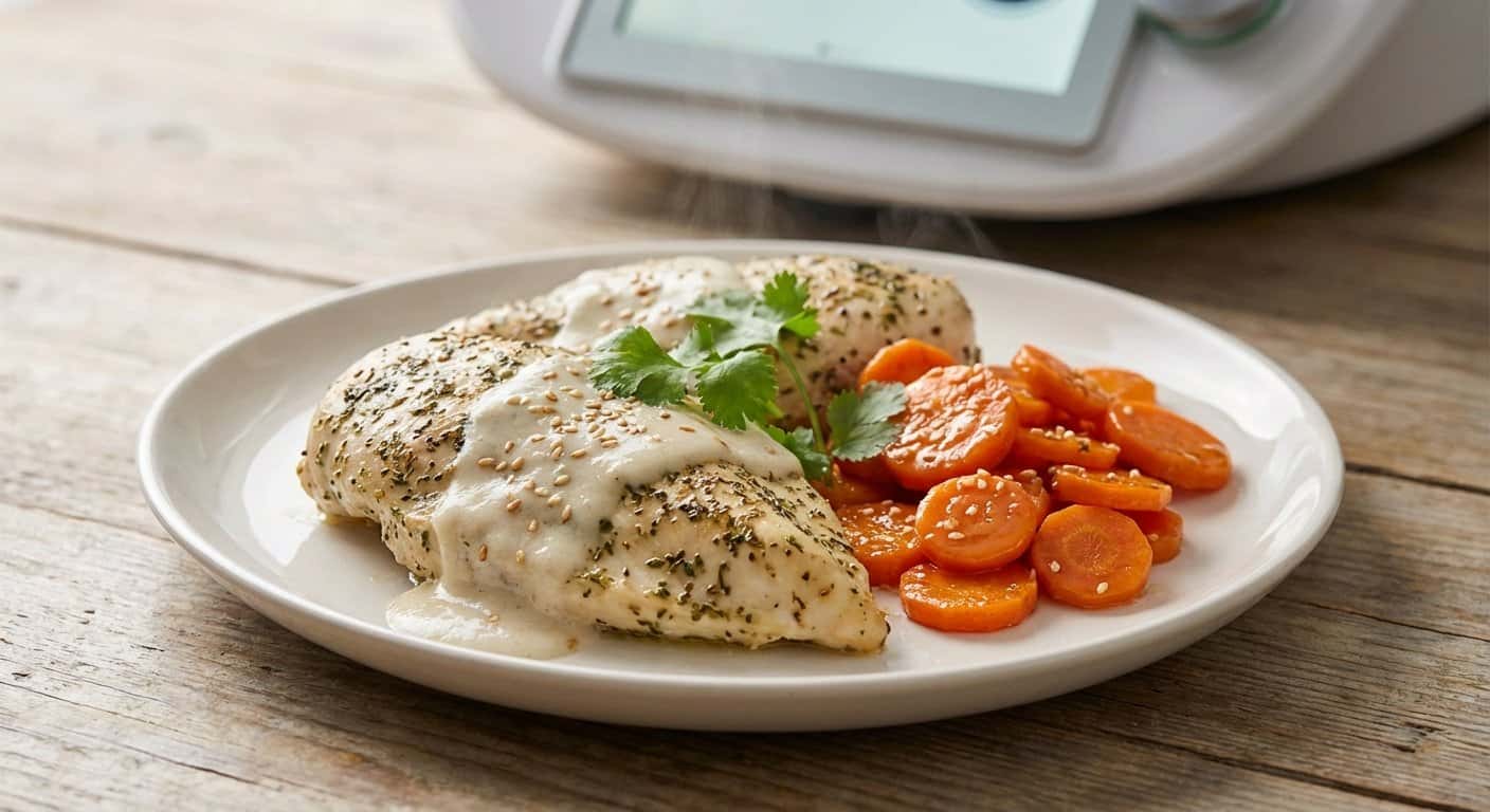 Pollo a la provenzal con zanahoria y salsa de coco ligero en Thermomix