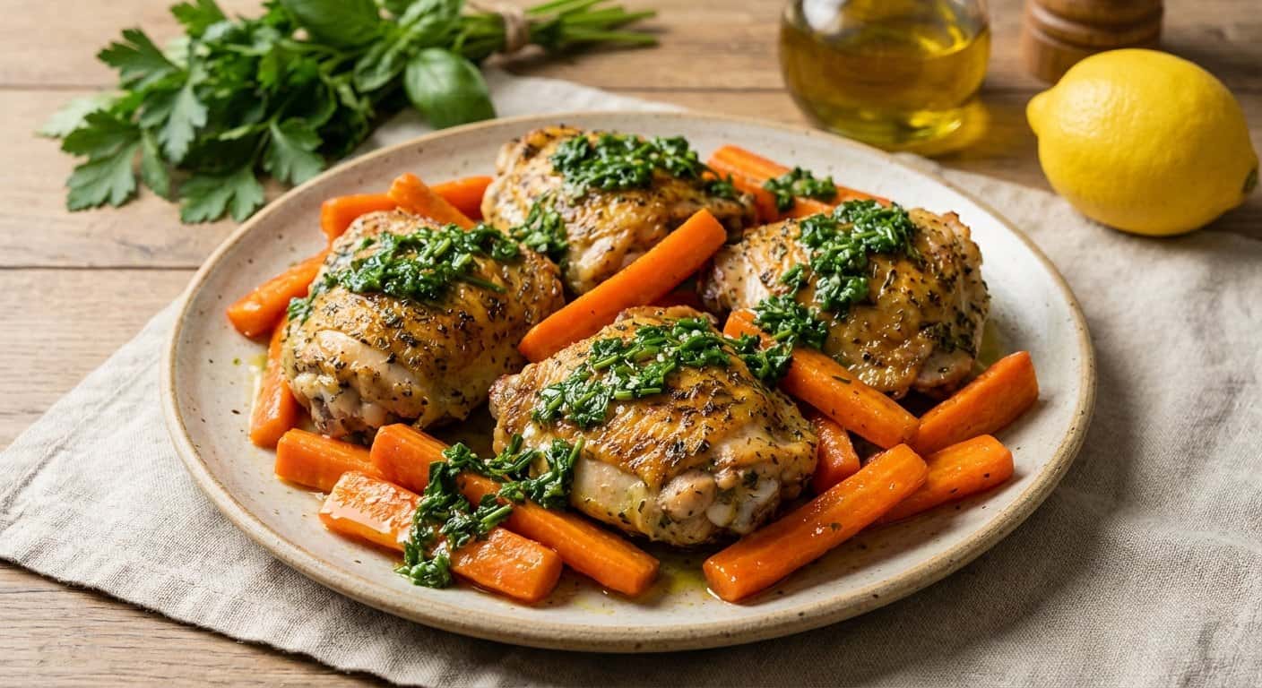 Pollo a la provenzal con zanahoria y salsa de hierbas en Thermomix