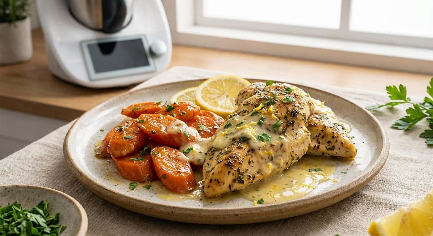 Pollo a la provenzal con zanahoria y salsa de limón en Thermomix