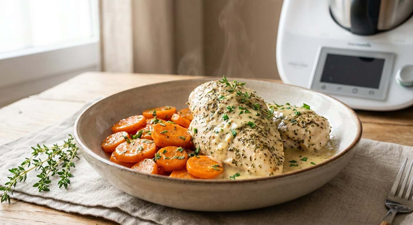 Pollo a la provenzal con zanahoria y salsa de mostaza en Thermomix