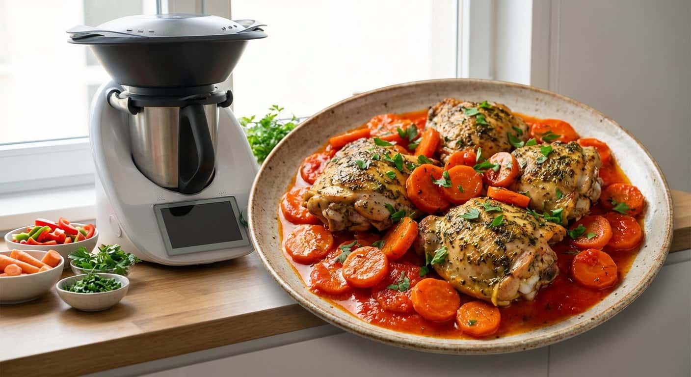 Pollo a la provenzal con zanahoria y salsa de pimiento en Thermomix