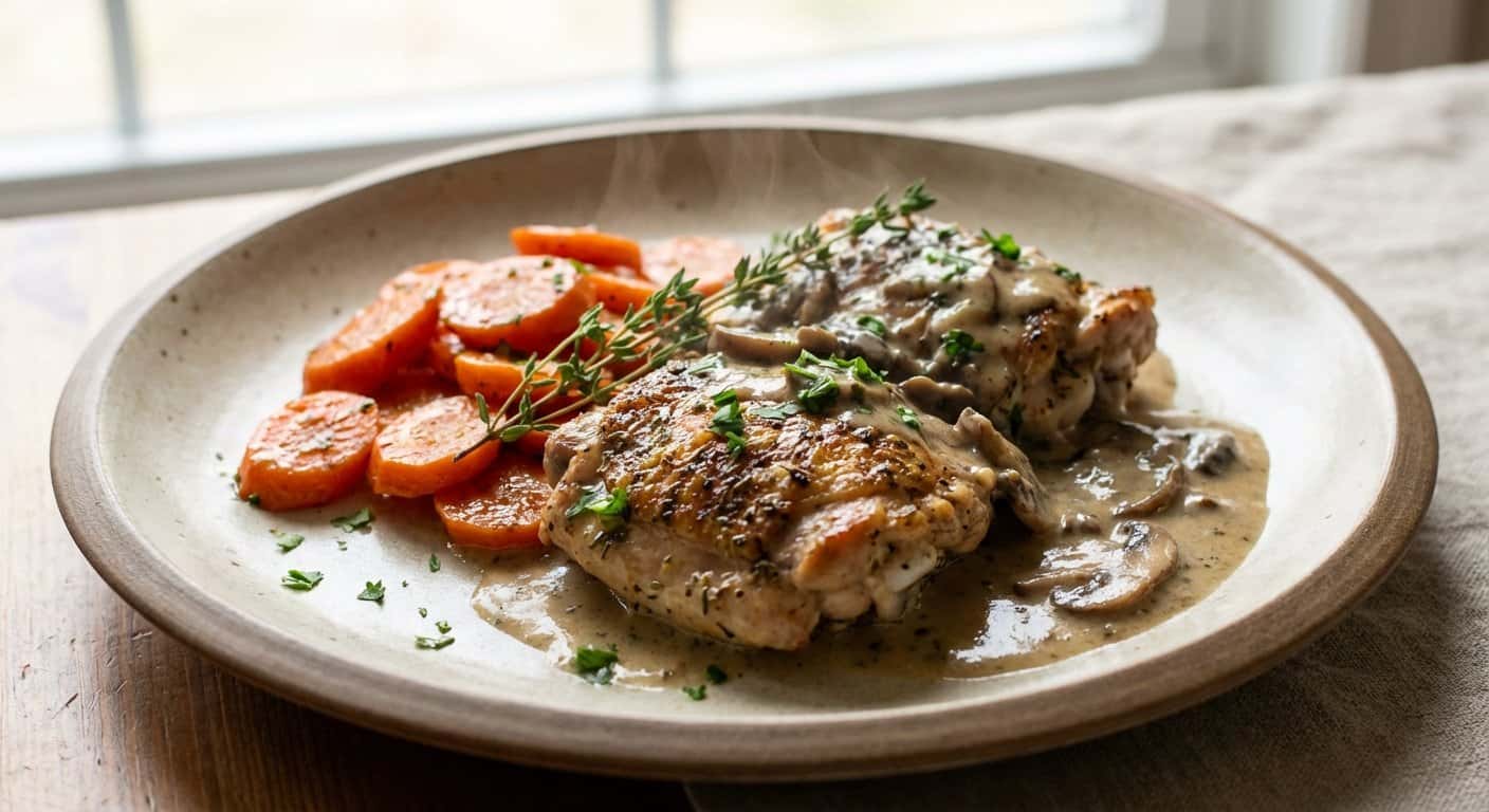 Pollo a la provenzal con zanahoria y salsa de setas