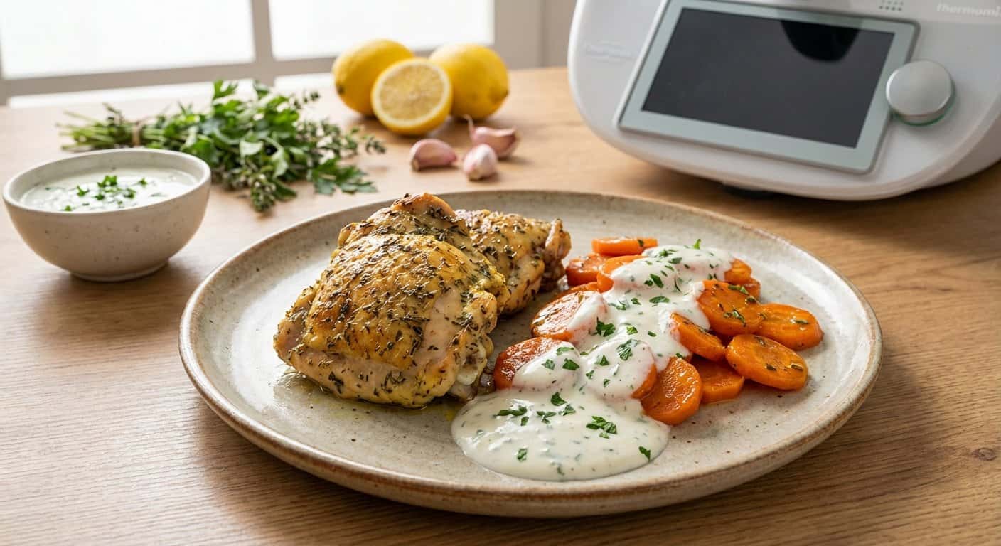 Pollo a la provenzal con zanahoria y salsa de yogur en Thermomix