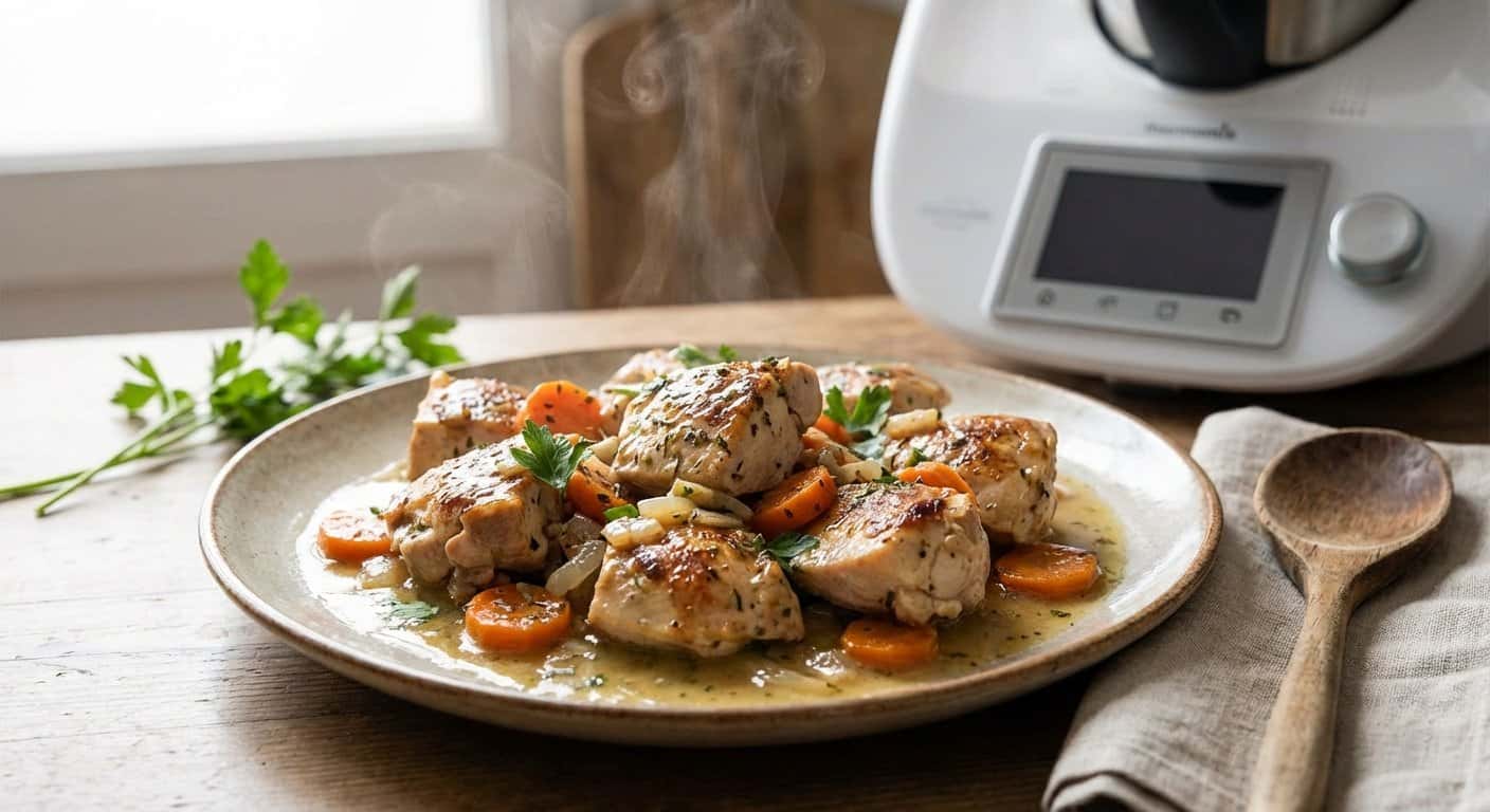 Pollo a la provenzal con zanahorias y salsa de vino blanco