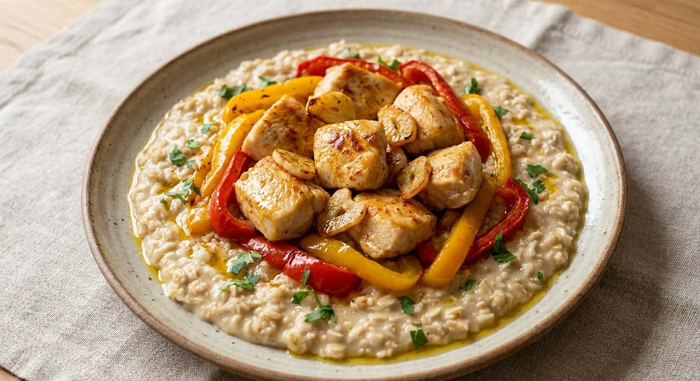 Pollo al ajillo con pimientos y avena salada