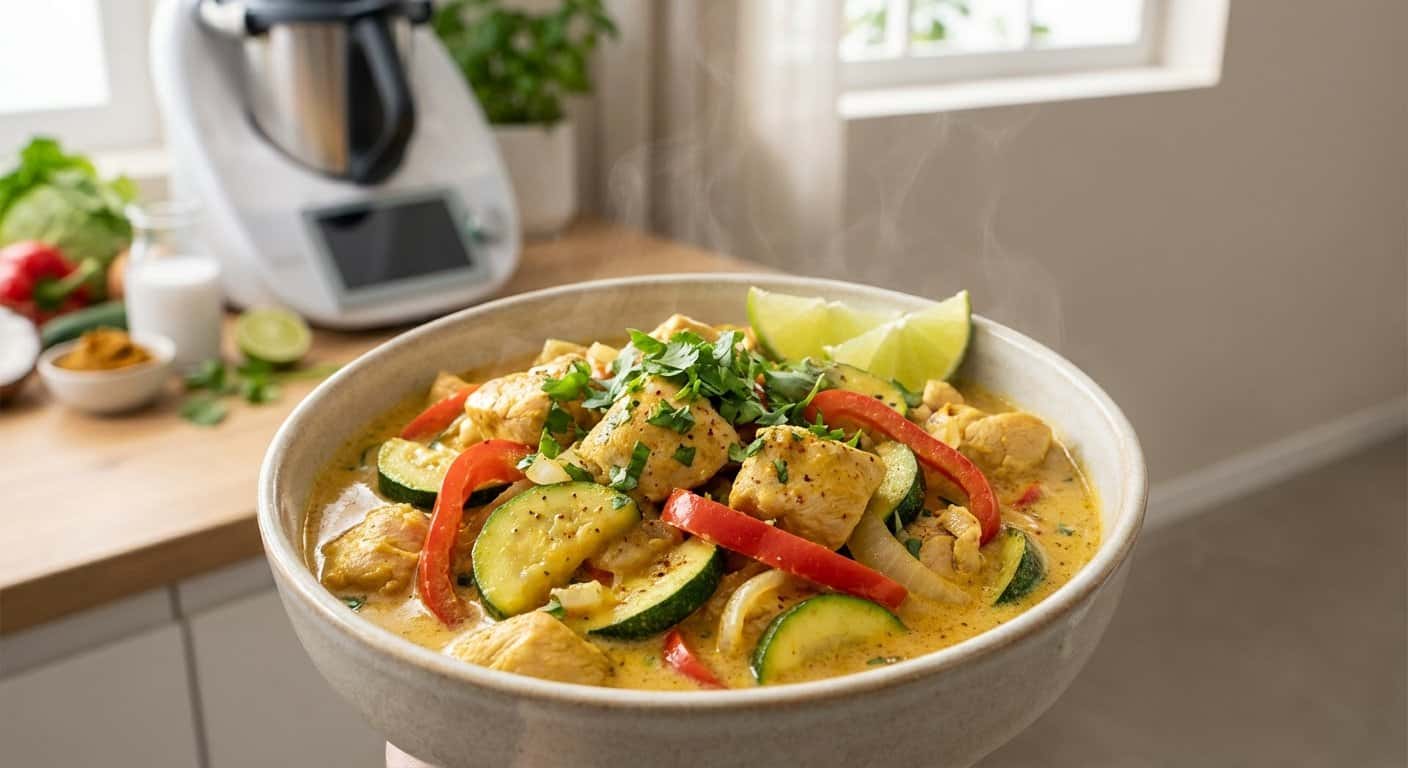 Pollo al curry con calabacín y salsa de coco ligero en Thermomix