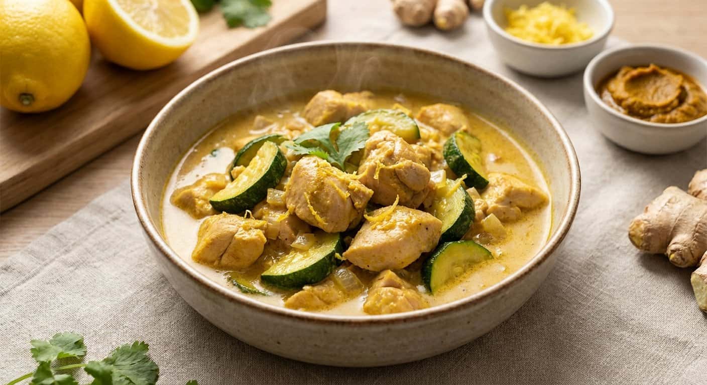 Pollo al curry con calabacín y salsa de limón en Thermomix