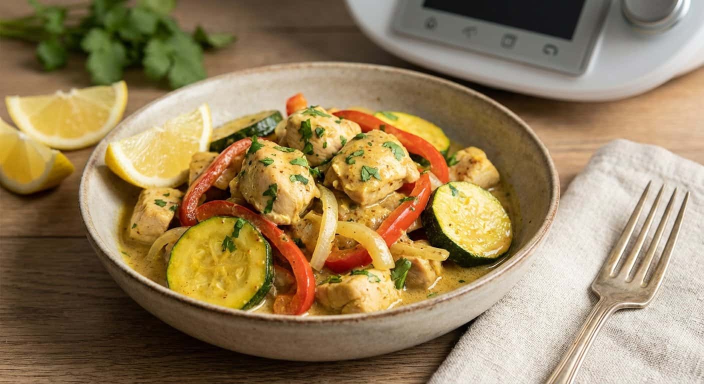 Pollo al Curry con Calabacín y Salsa de Mostaza