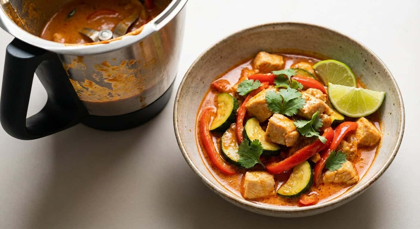 Pollo al curry con calabacín y salsa de pimiento en Thermomix