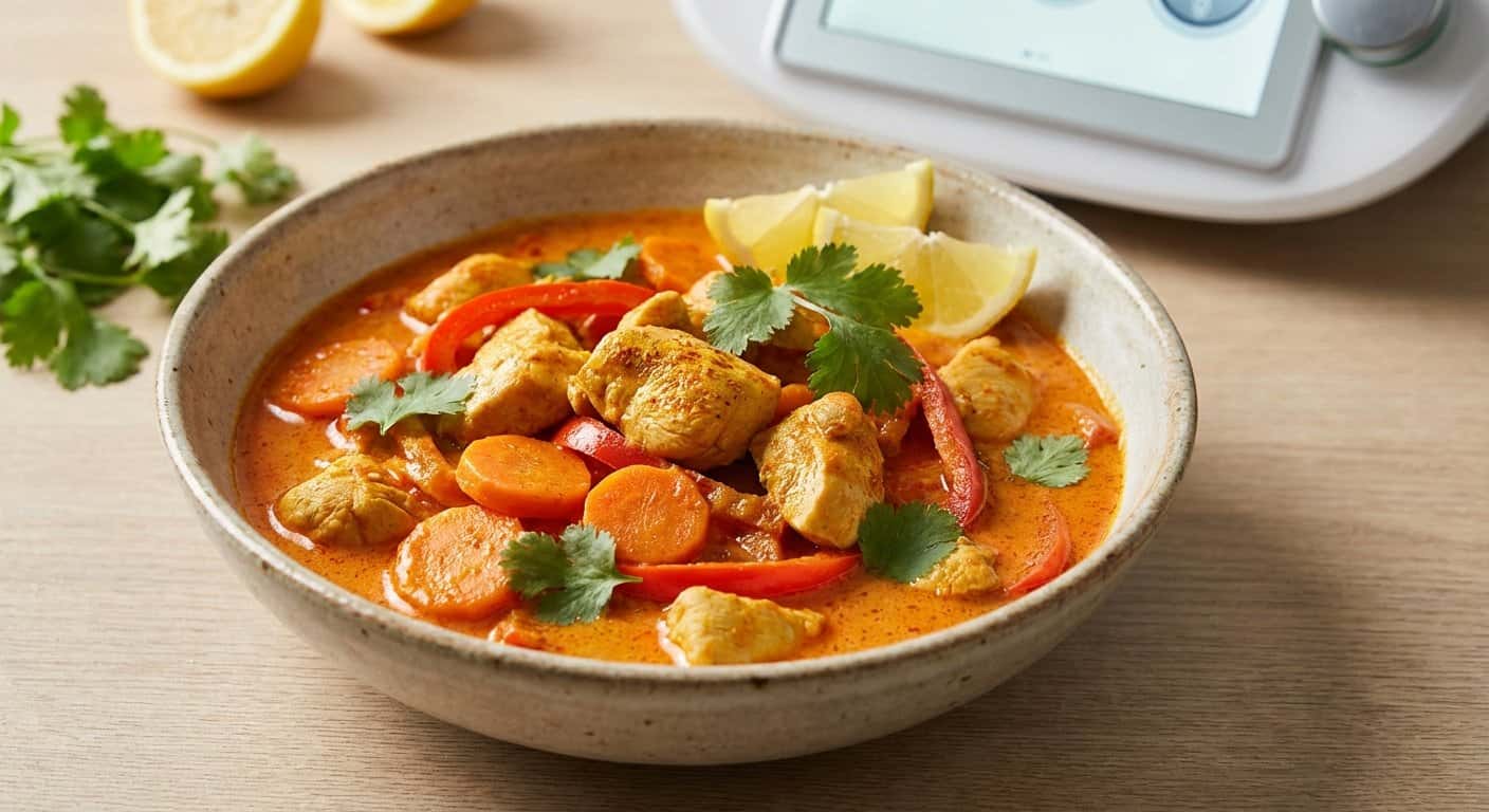 Pollo al Curry con Zanahoria y Salsa de Pimiento en Thermomix