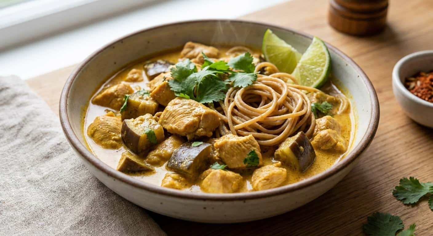 Pollo al Curry Suave con Berenjena y Fideos Integrales