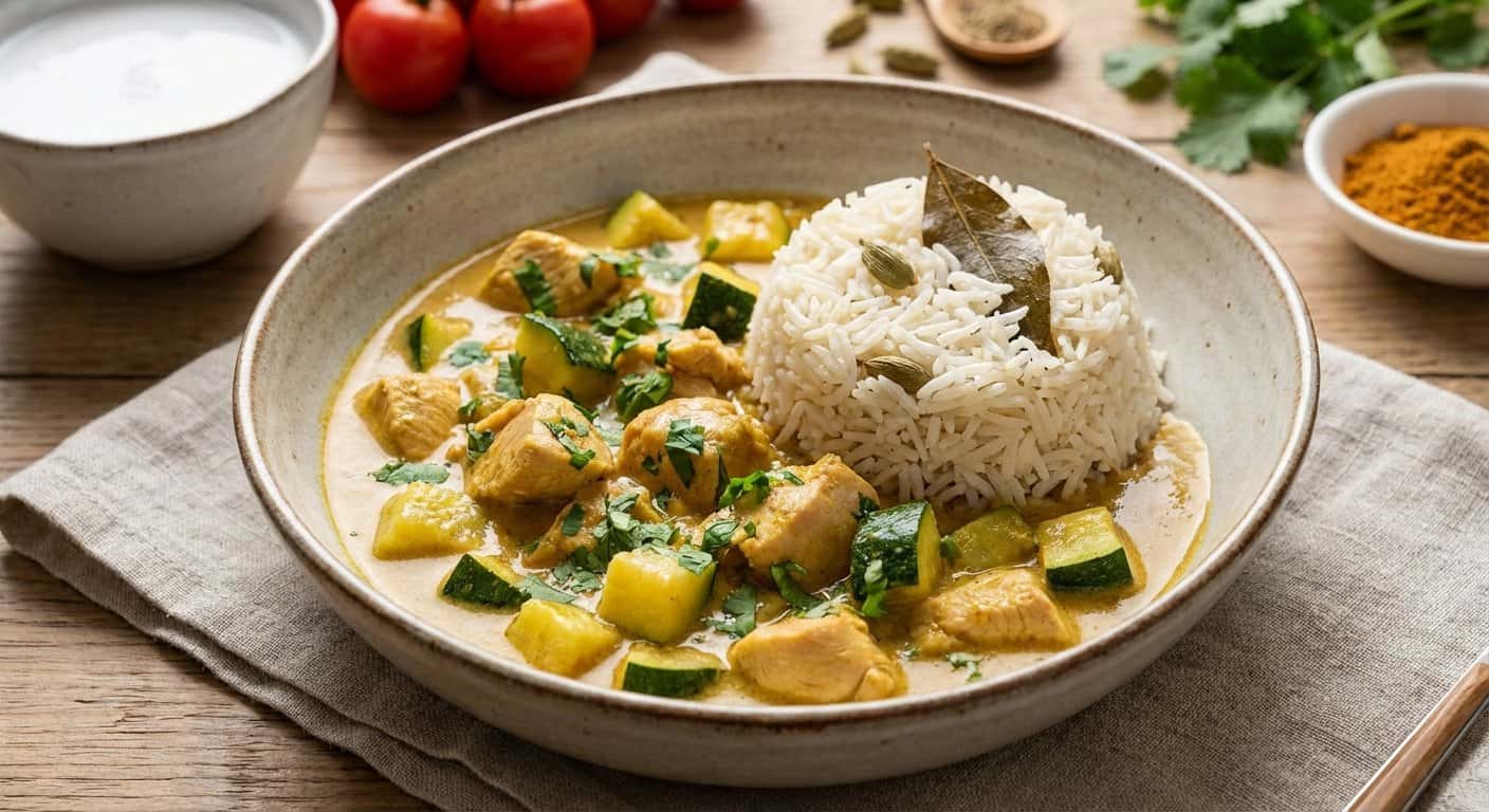 Pollo al Curry Suave con Calabacín y Arroz Basmati