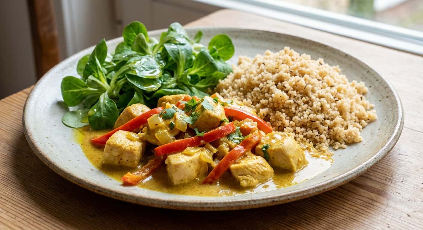 Pollo al curry suave con canónigos y cuscús integral