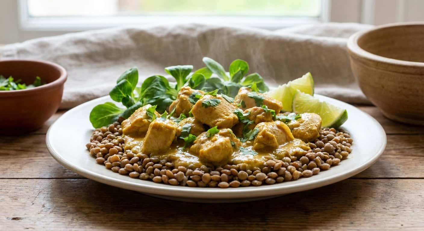 Pollo al Curry Suave con Canónigos y Lentejas