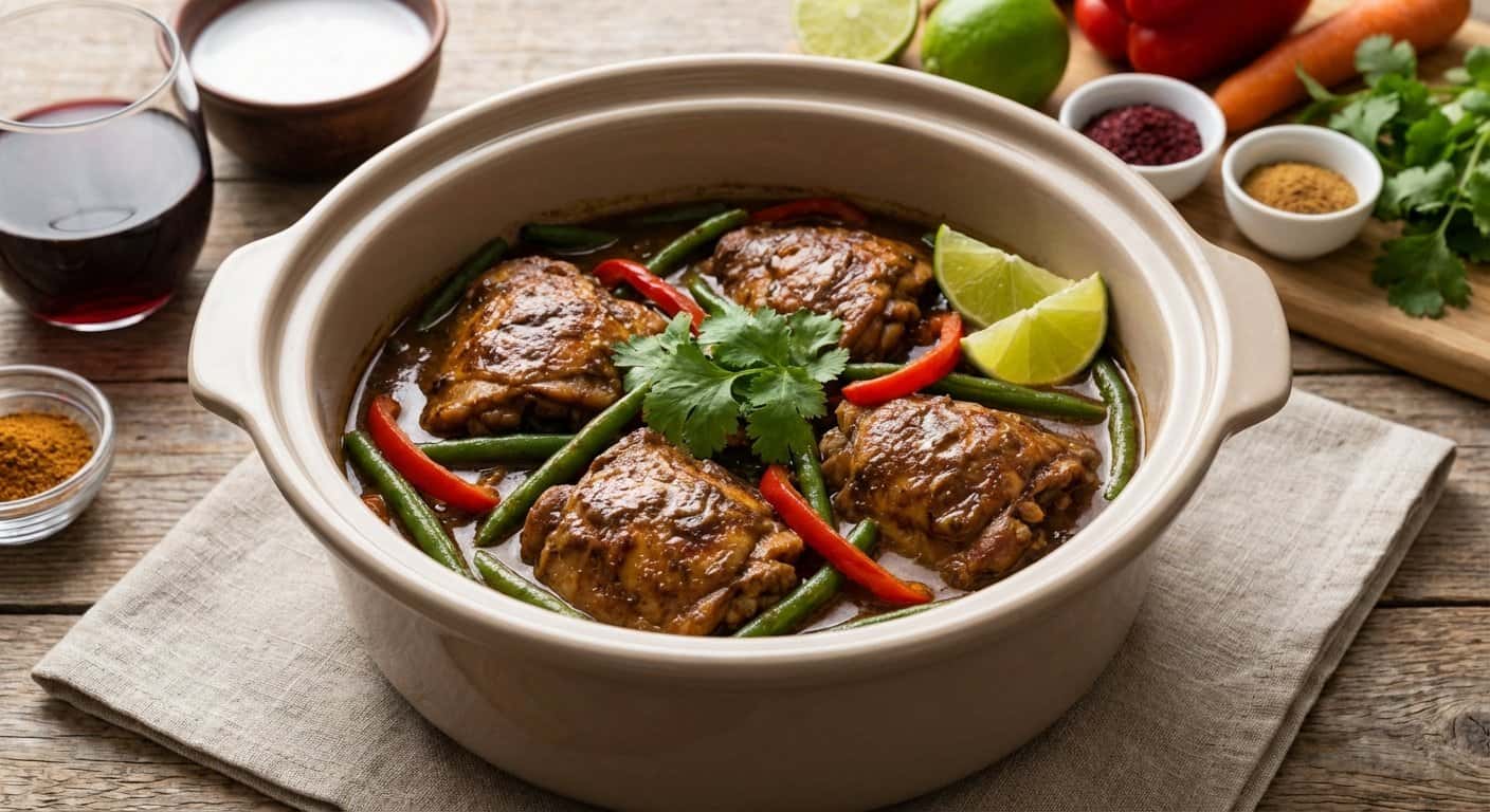 Pollo al Curry Suave con Judías Verdes y Vino Tinto en Slow Cooker