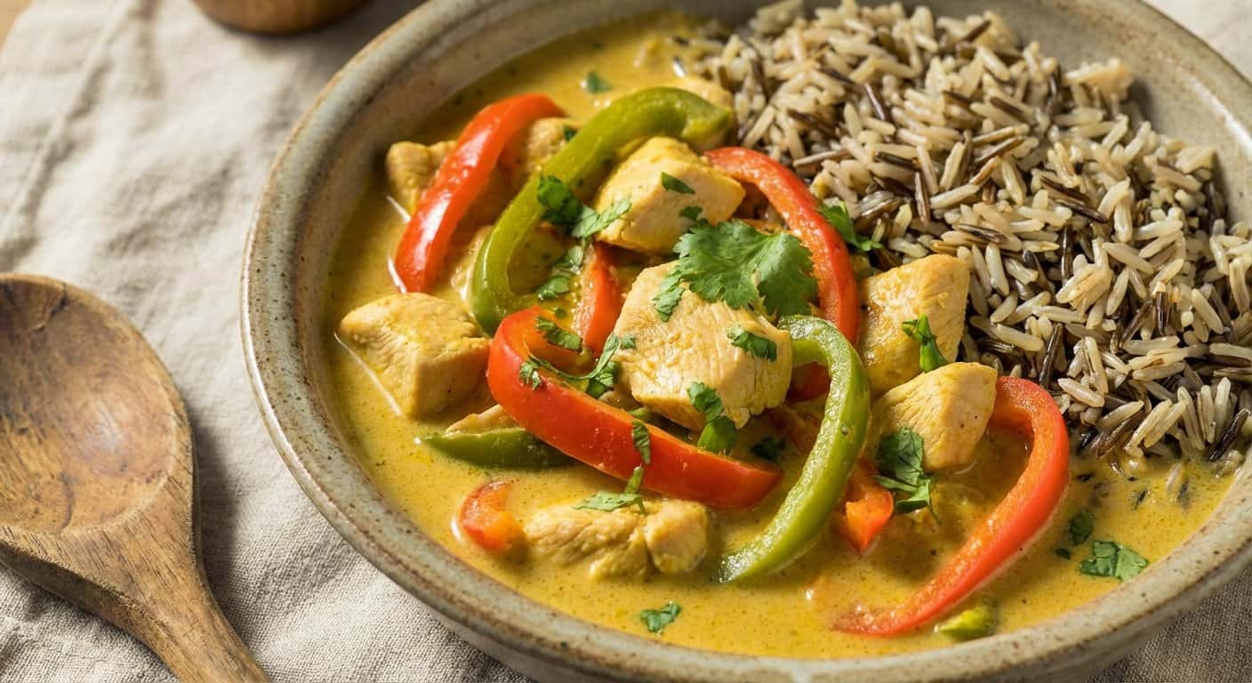 Pollo al Curry Suave con Pimientos y Arroz Salvaje