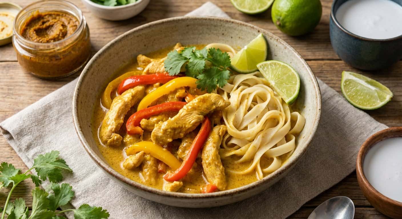 Pollo al Curry Suave con Pimientos y Fideos de Arroz