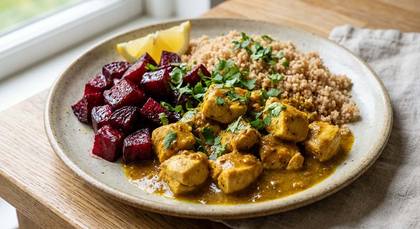 Pollo al curry suave con remolacha y cuscús integral