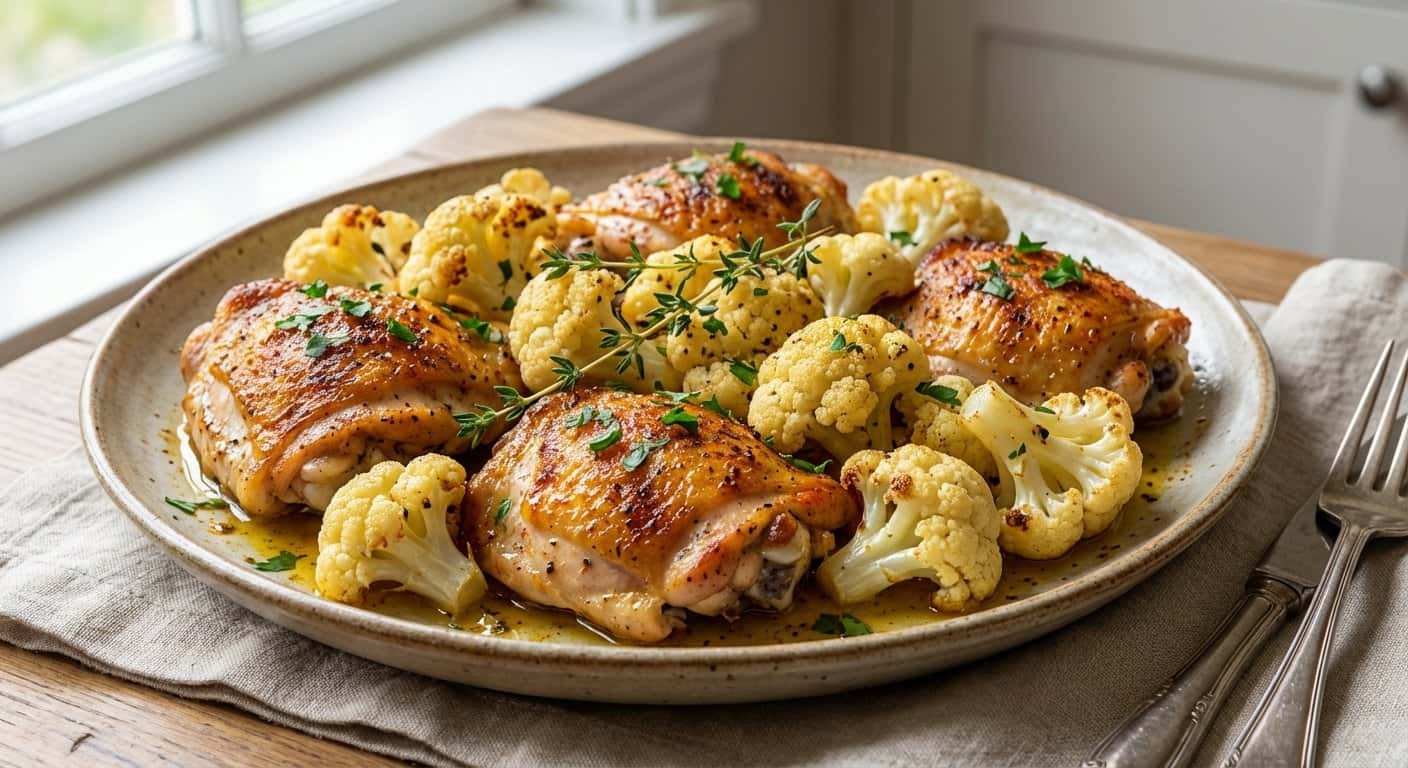 Pollo al horno con coliflor y especias suaves