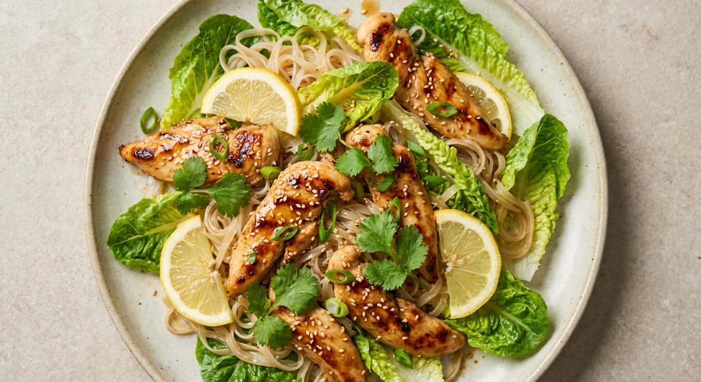 Pollo al Limón con Lechuga Romana y Fideos de Arroz