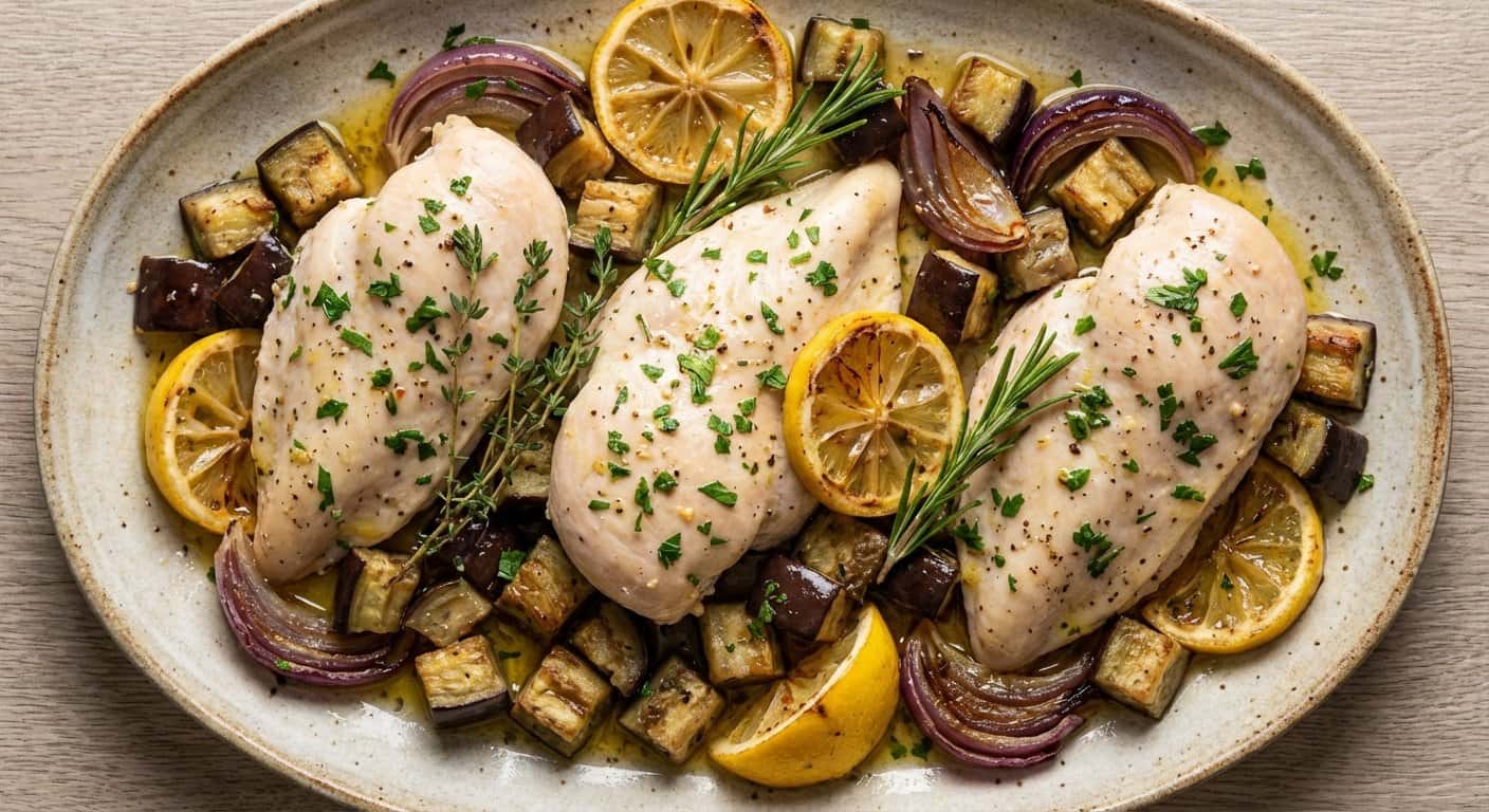 Pollo al vapor con berenjena y limón