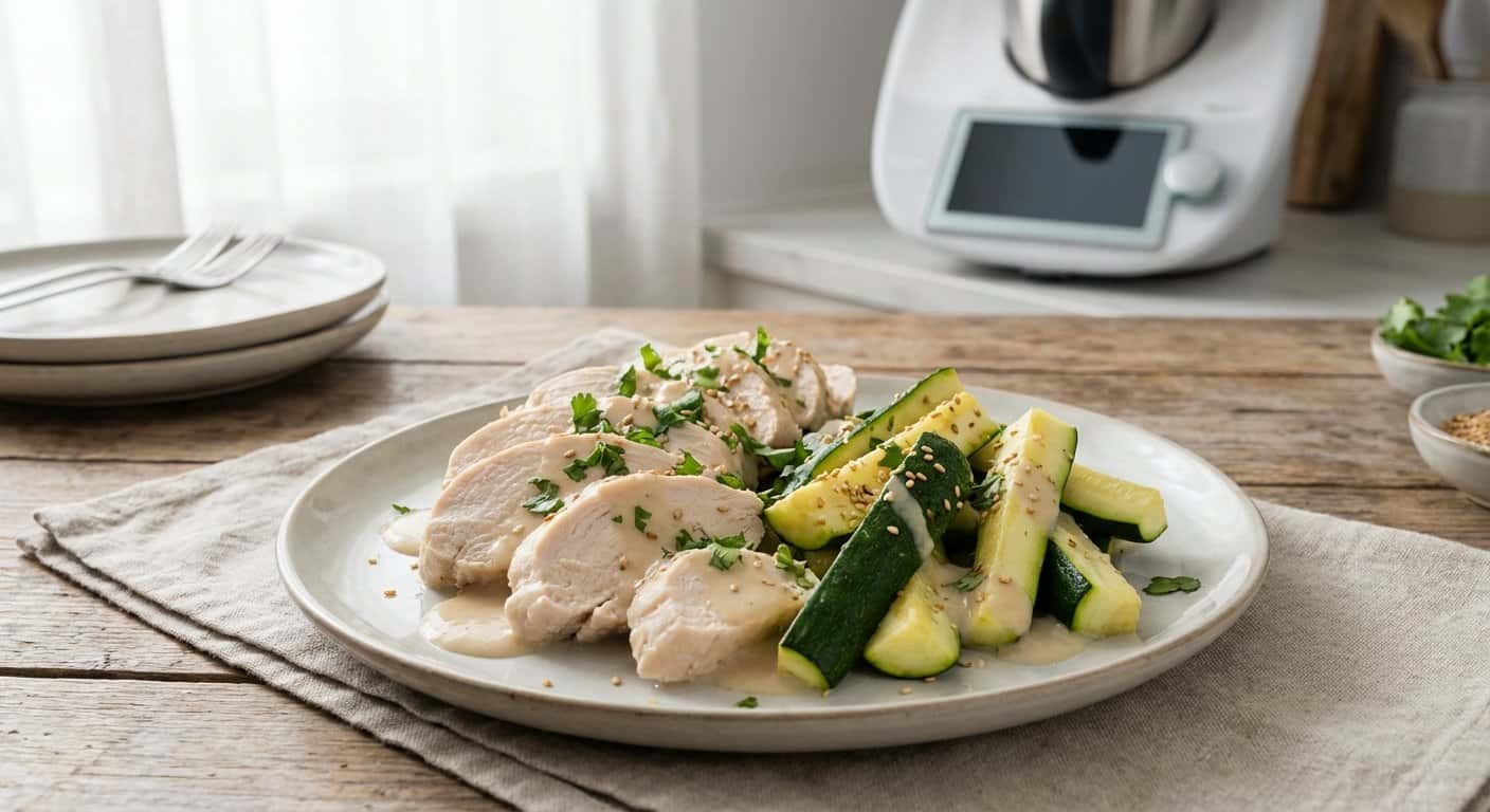 Pollo al vapor con calabacín y salsa de coco ligero en Thermomix