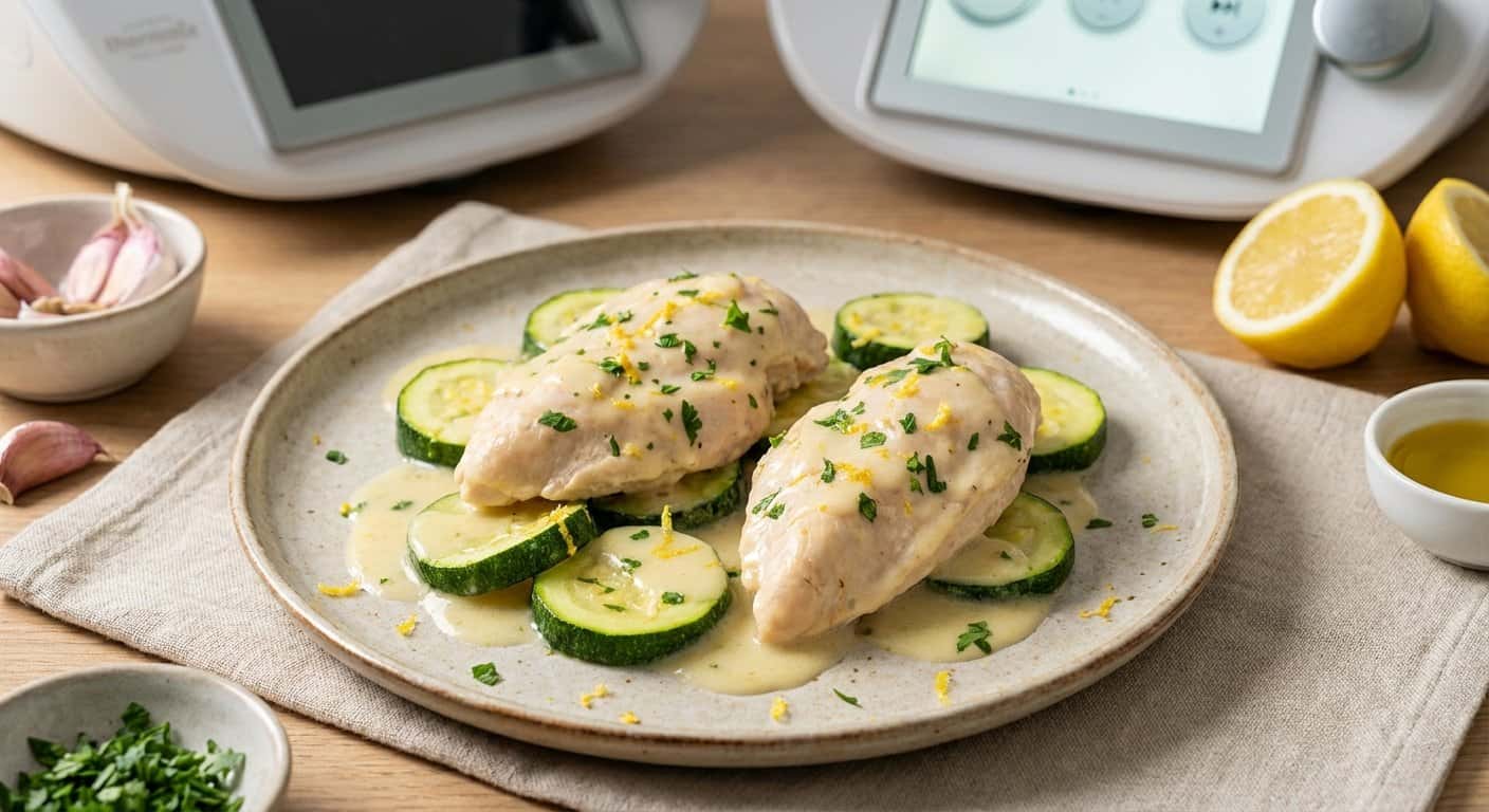 Pollo al vapor con calabacín y salsa de limón en Thermomix