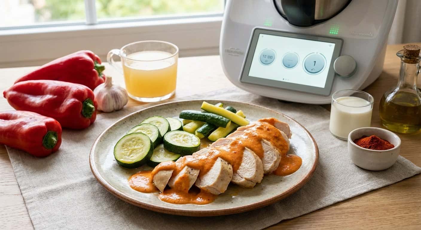 Pollo al vapor con calabacín y salsa de pimiento en Thermomix