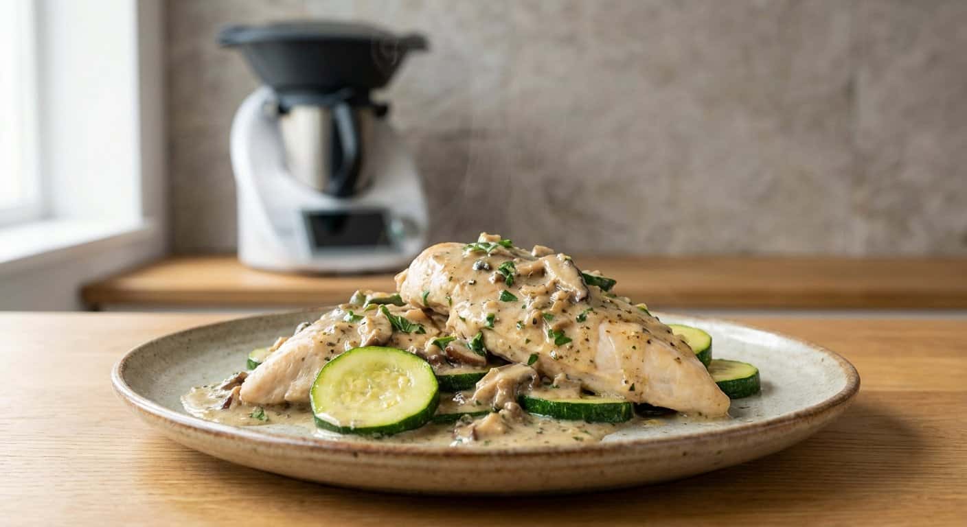 Pollo al vapor con calabacín y salsa de setas en Thermomix