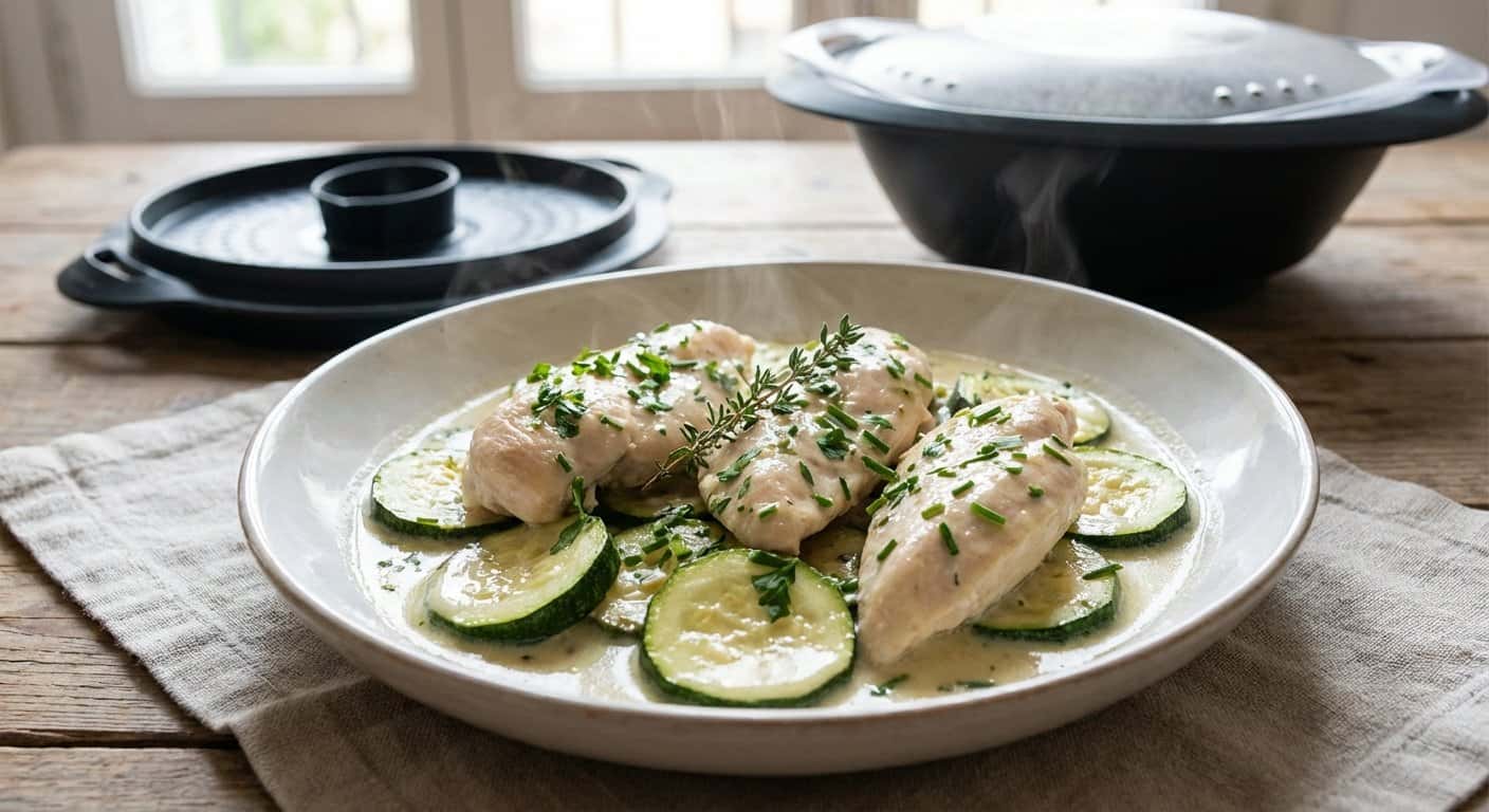 Pollo al vapor con calabacín y salsa de vino blanco en Thermomix