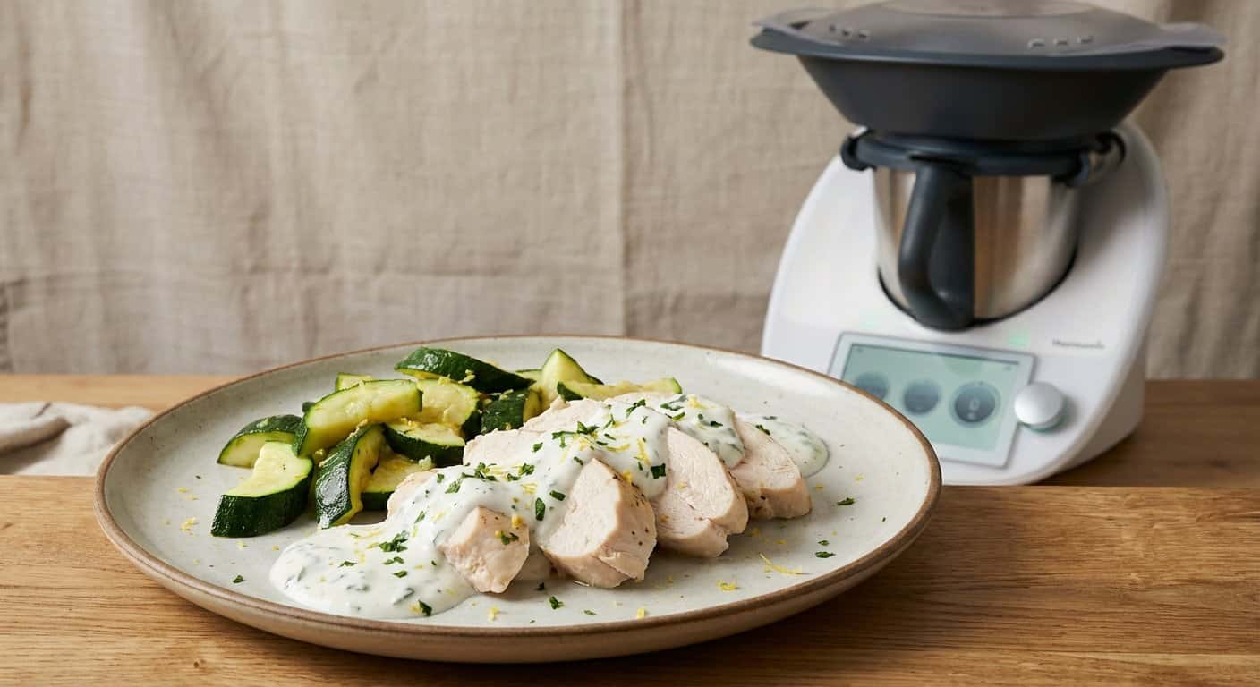 Pollo al vapor con calabacín y salsa de yogur en Thermomix