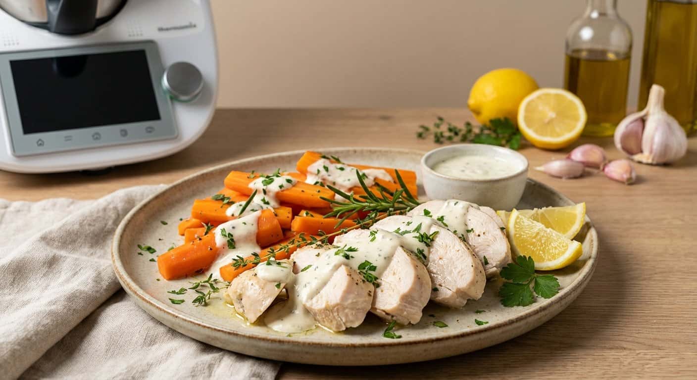 Pollo al vapor con zanahoria y salsa de ajo en Thermomix