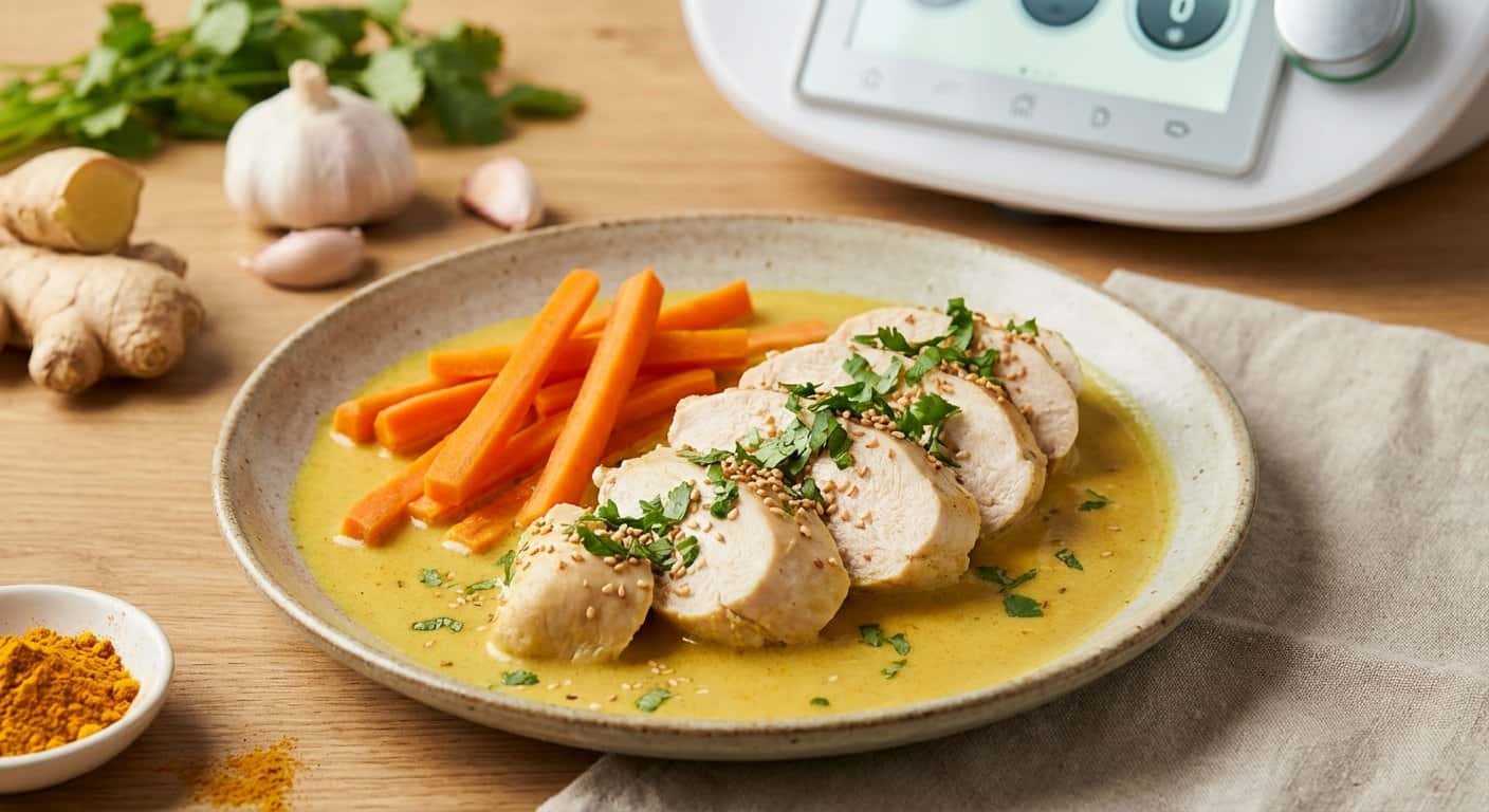 Pollo al vapor con zanahoria y salsa de coco ligero en Thermomix