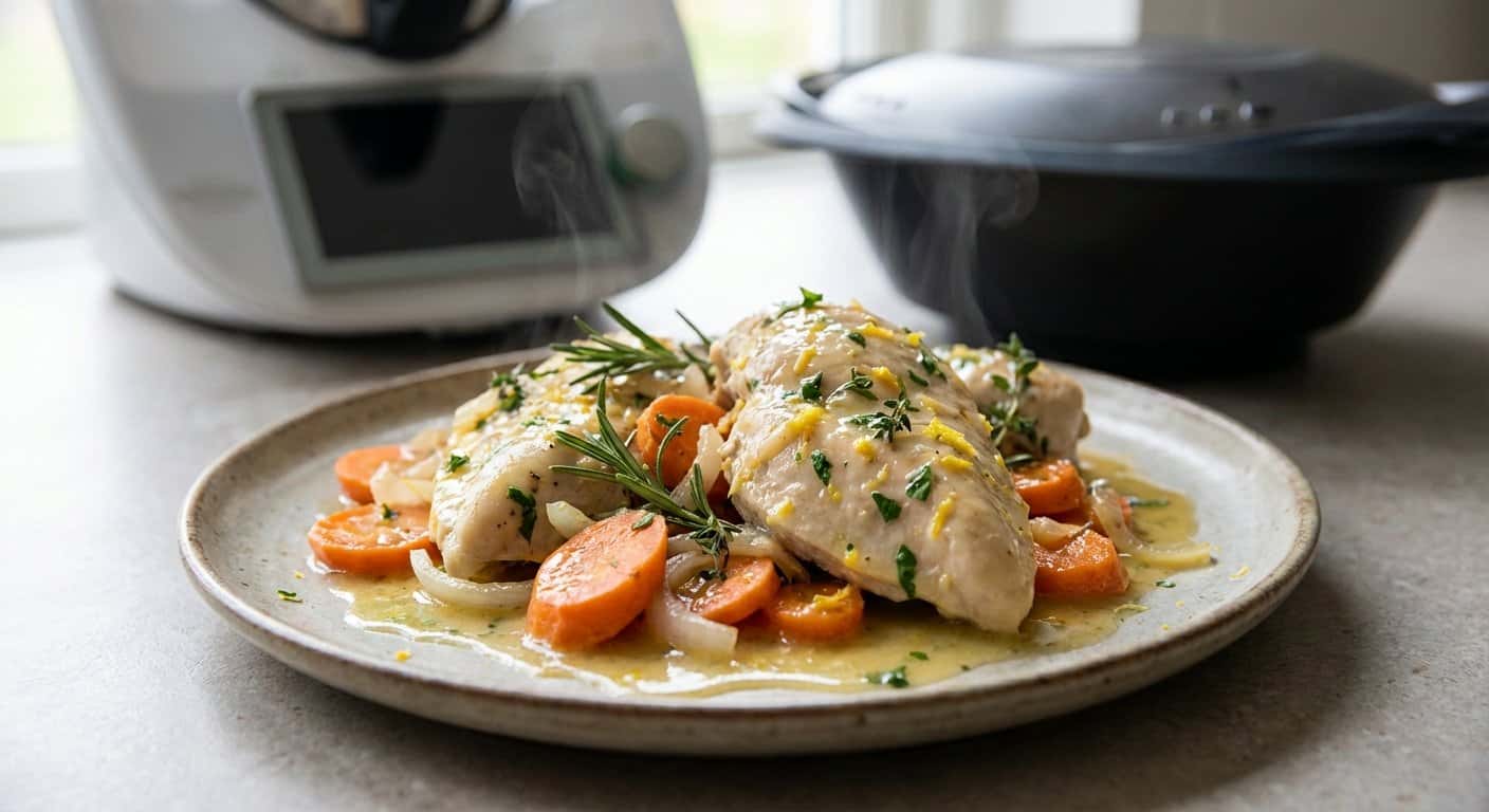 Pollo al vapor con zanahoria y salsa de limón en Thermomix