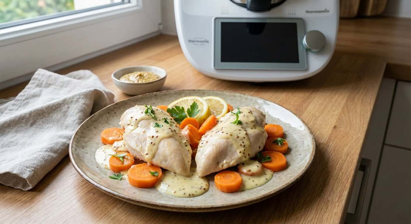 Pollo al vapor con zanahoria y salsa de mostaza en Thermomix