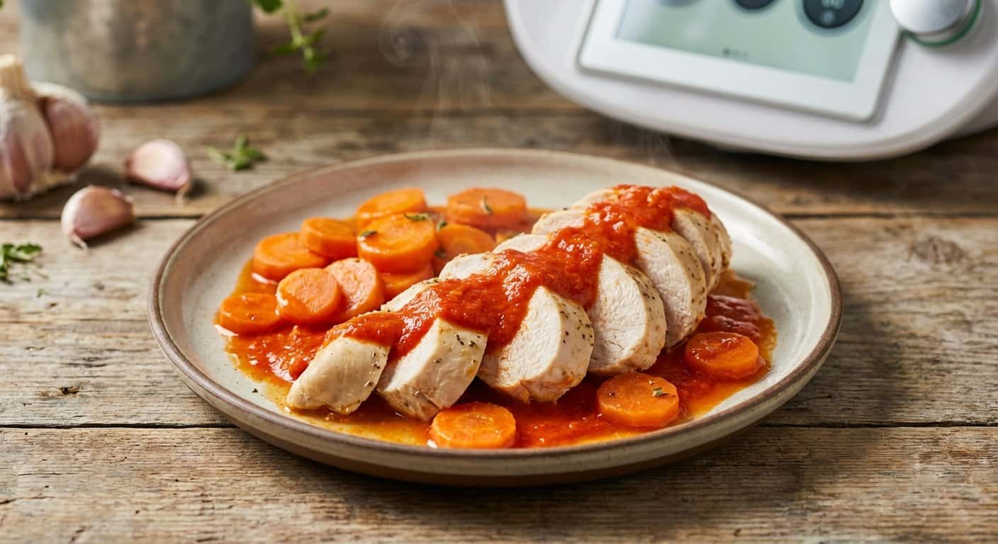 Pollo al Vapor con Zanahoria y Salsa de Pimiento en Thermomix