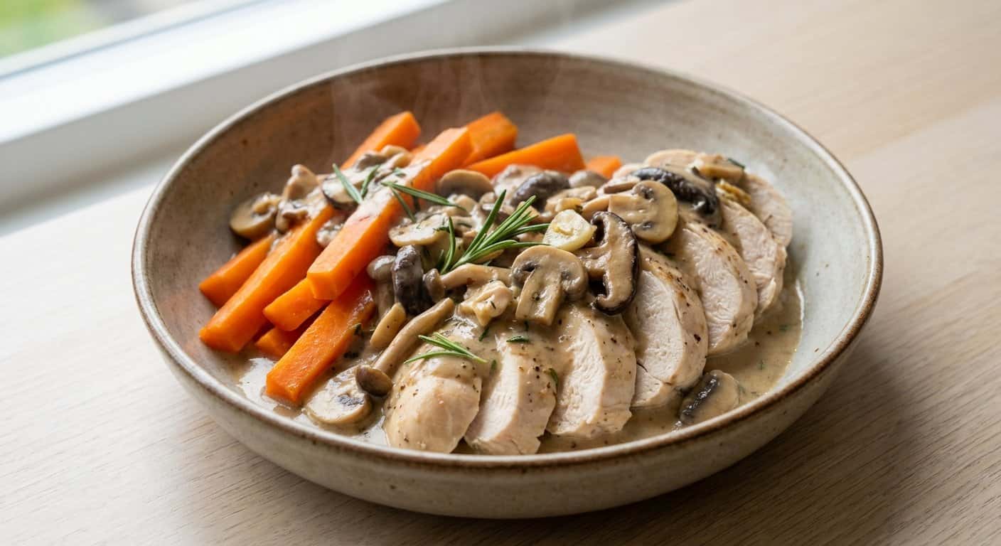 Pollo al vapor con zanahoria y salsa de setas en Thermomix