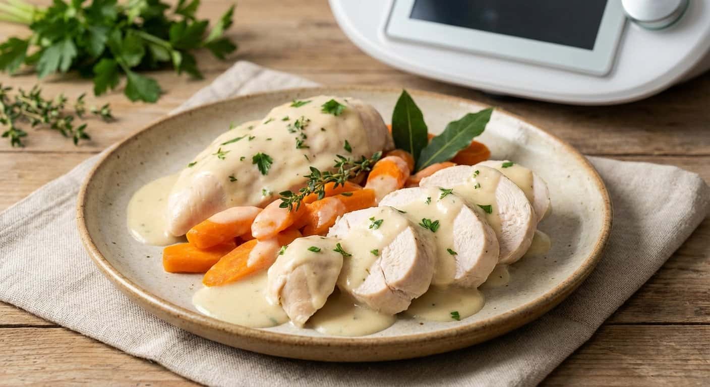 Pollo al vapor con zanahoria y salsa de vino blanco en Thermomix