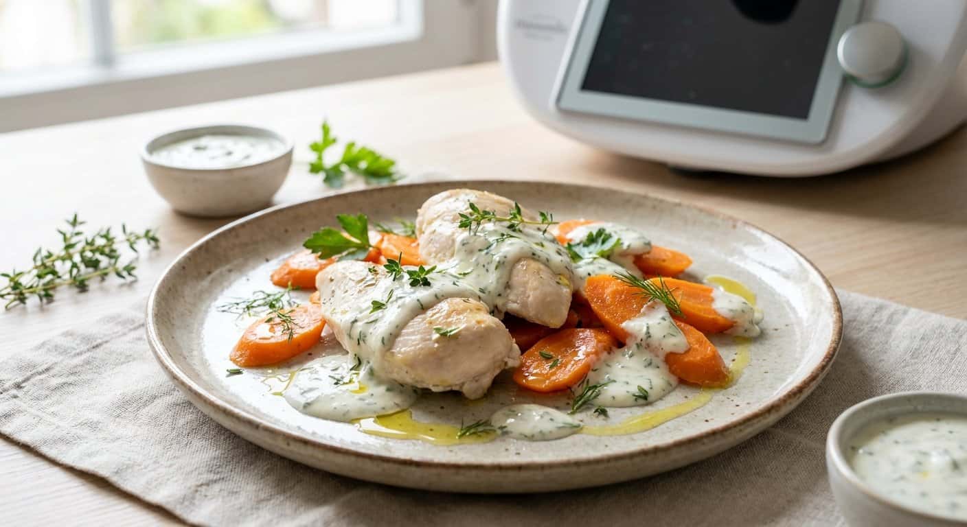 Pollo al vapor con zanahoria y salsa de yogur en Thermomix