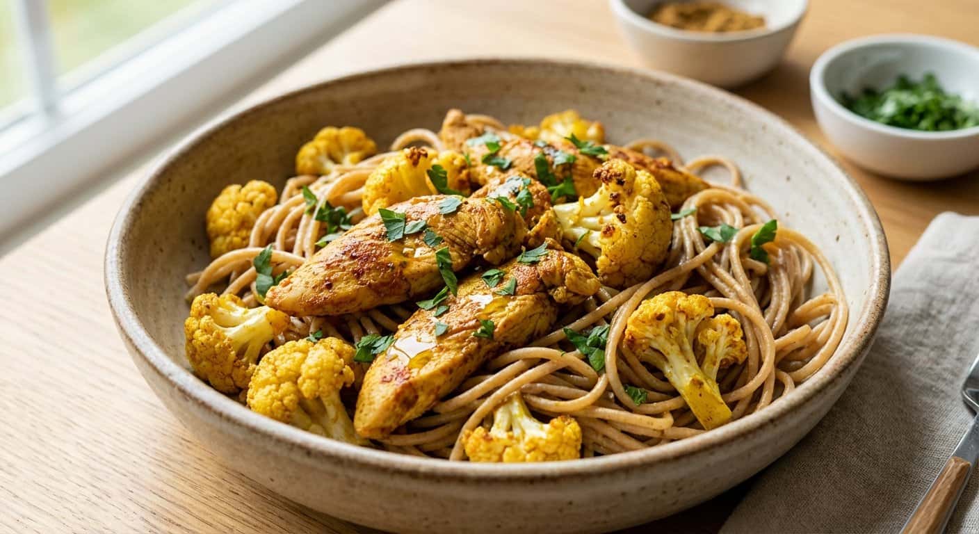 Pollo con Especias con Coliflor y Fideos Integrales
