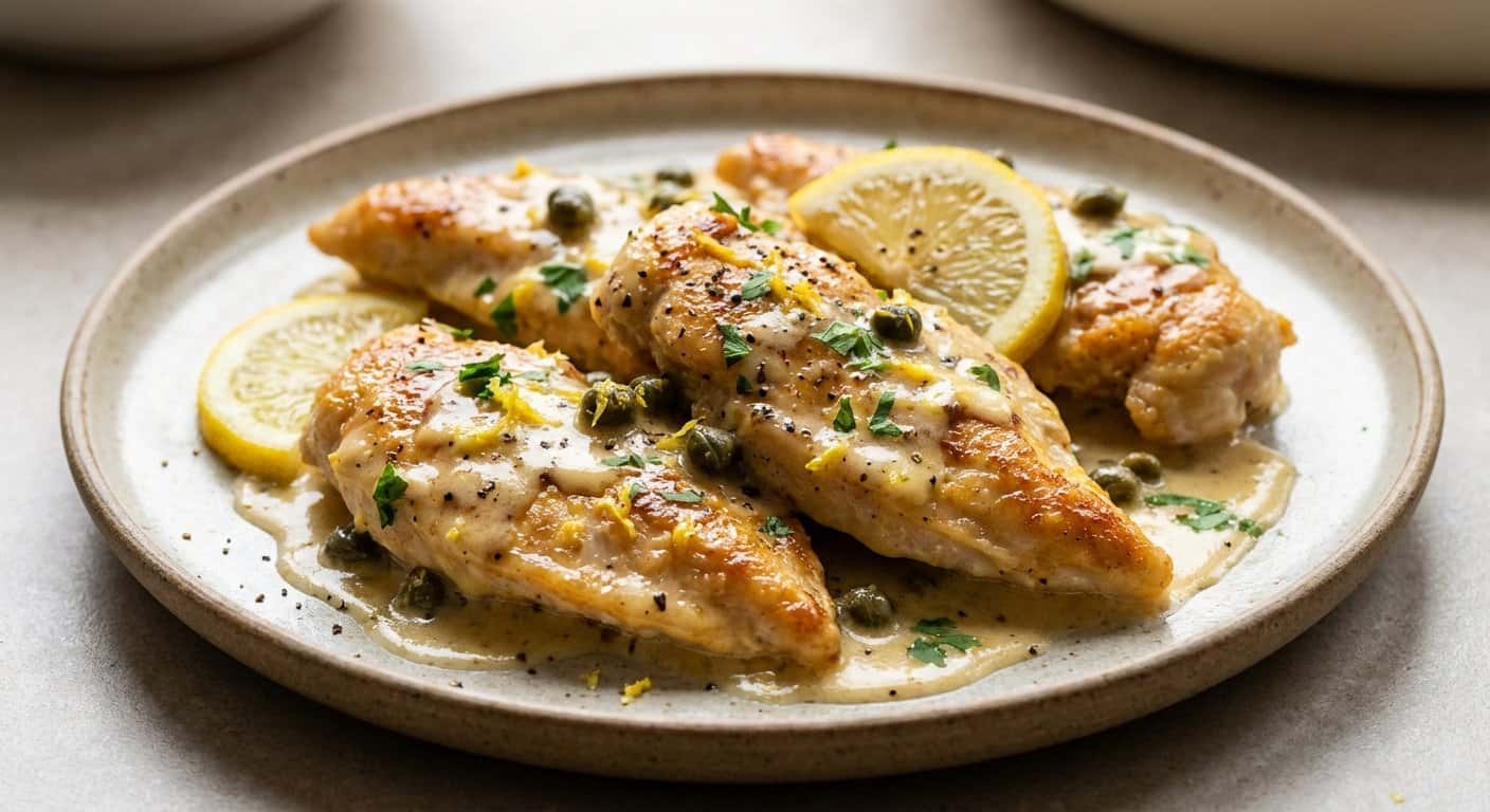 Pollo con limón y alcaparras con salsa de queso