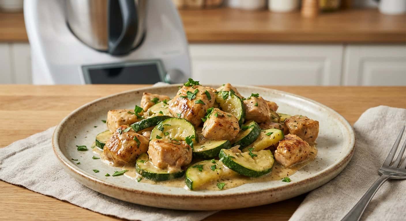 Pollo cremoso con calabacín y salsa de ajo en Thermomix