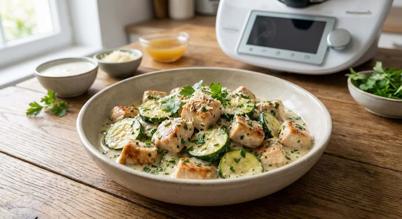 Pollo cremoso con calabacín y salsa de hierbas en Thermomix