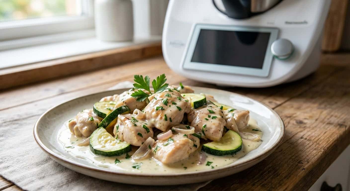 Pollo cremoso con calabacín y salsa de vino blanco en Thermomix