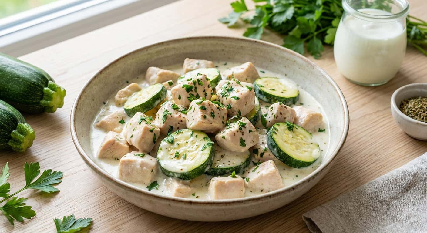 Pollo cremoso con calabacín y salsa de yogur