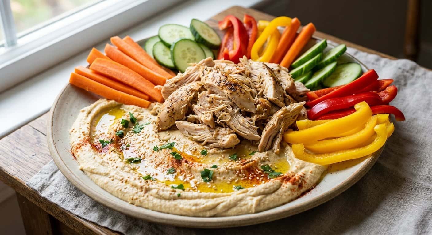 Pollo desmenuzado con hummus y verduras
