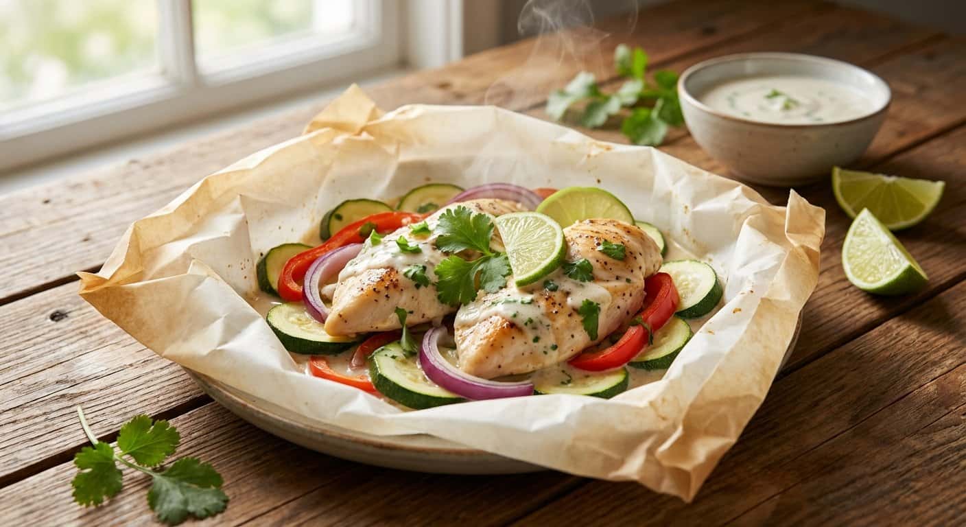 Pollo en papillote con calabacín y salsa de coco ligero