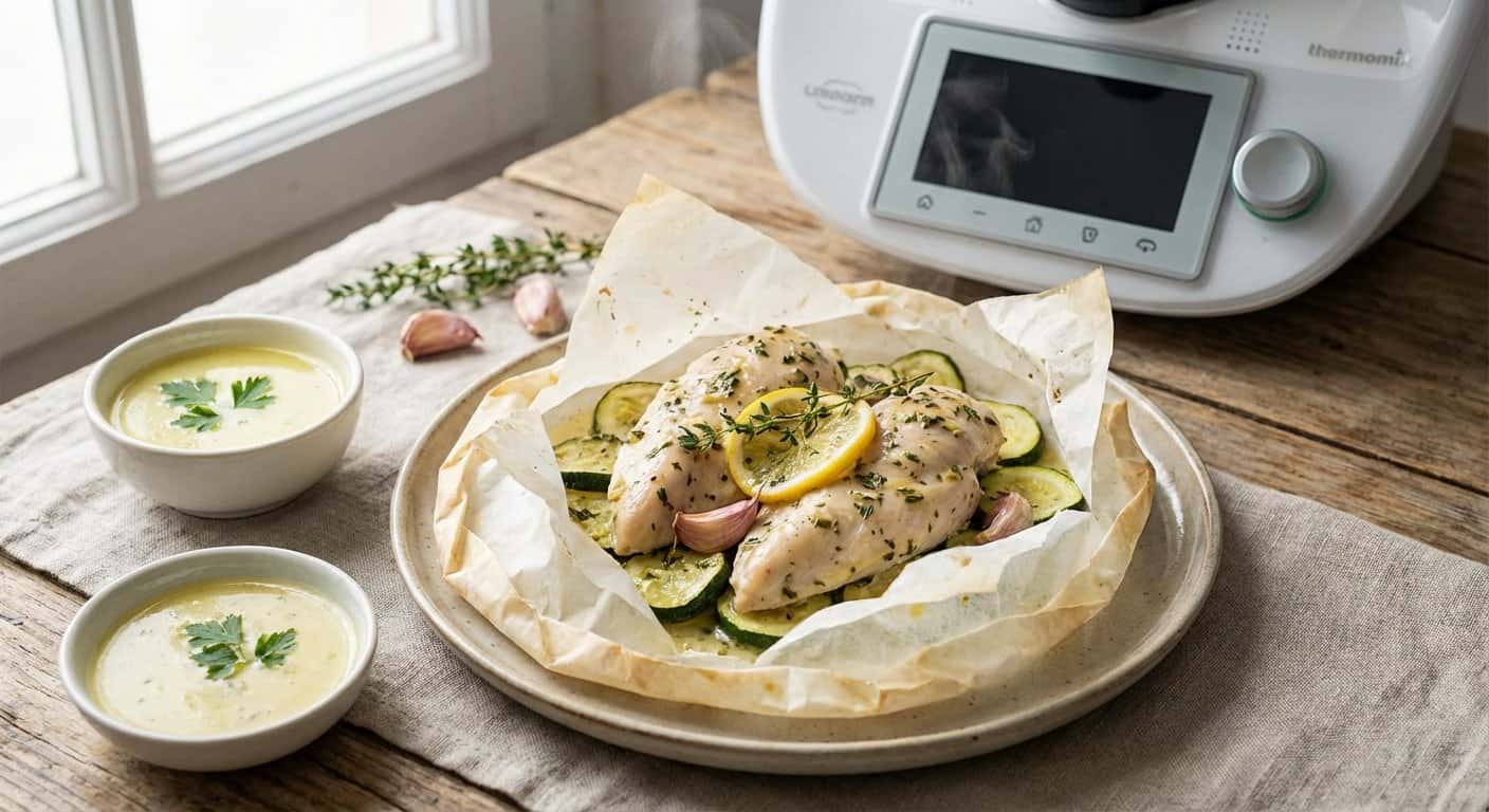 Pollo en papillote con calabacín y salsa de limón en Thermomix