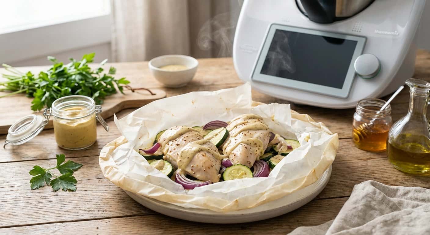 Pollo en papillote con calabacín y salsa de mostaza en Thermomix