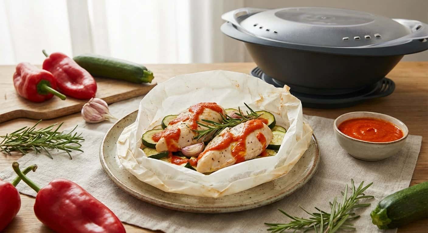 Pollo en papillote con calabacín y salsa de pimiento en Thermomix